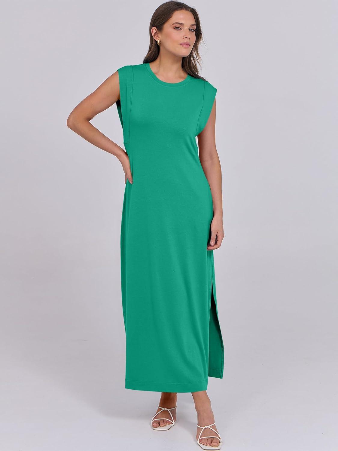 imageANRABESS Summer Dress for Women 2025 Maxi Sundresses Casual Cap Sleeve Crew Neck Loose Split Beach Travel Vacation OutfitsGreen