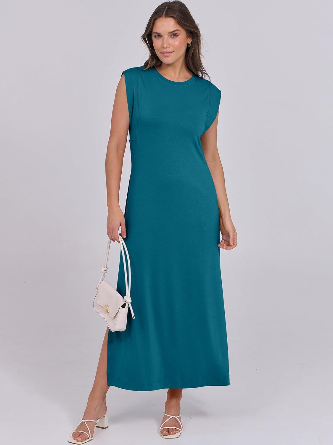 imageANRABESS Summer Dress for Women 2025 Maxi Sundresses Casual Cap Sleeve Crew Neck Loose Split Beach Travel Vacation OutfitsLake Green