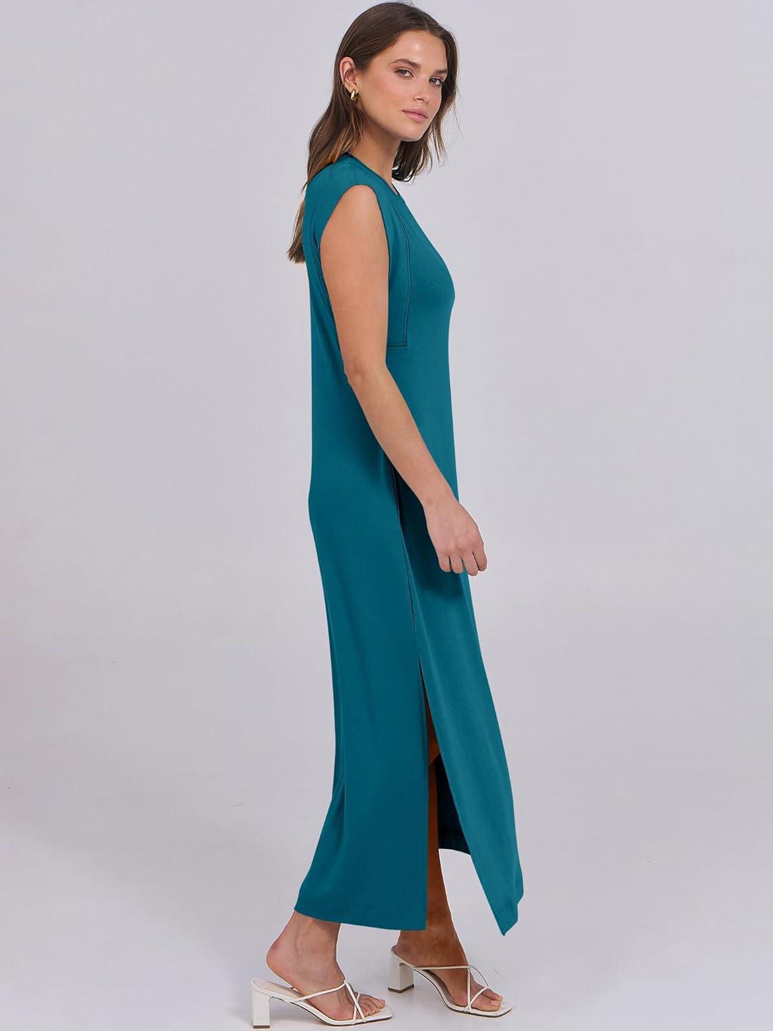 imageANRABESS Summer Dress for Women 2025 Maxi Sundresses Casual Cap Sleeve Crew Neck Loose Split Beach Travel Vacation OutfitsLake Green