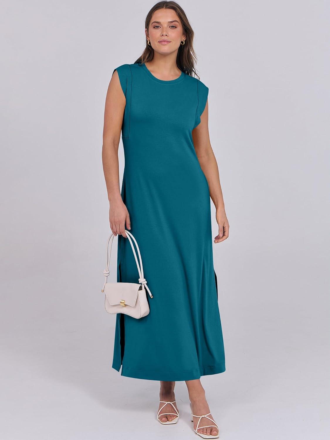 imageANRABESS Summer Dress for Women 2025 Maxi Sundresses Casual Cap Sleeve Crew Neck Loose Split Beach Travel Vacation OutfitsLake Green