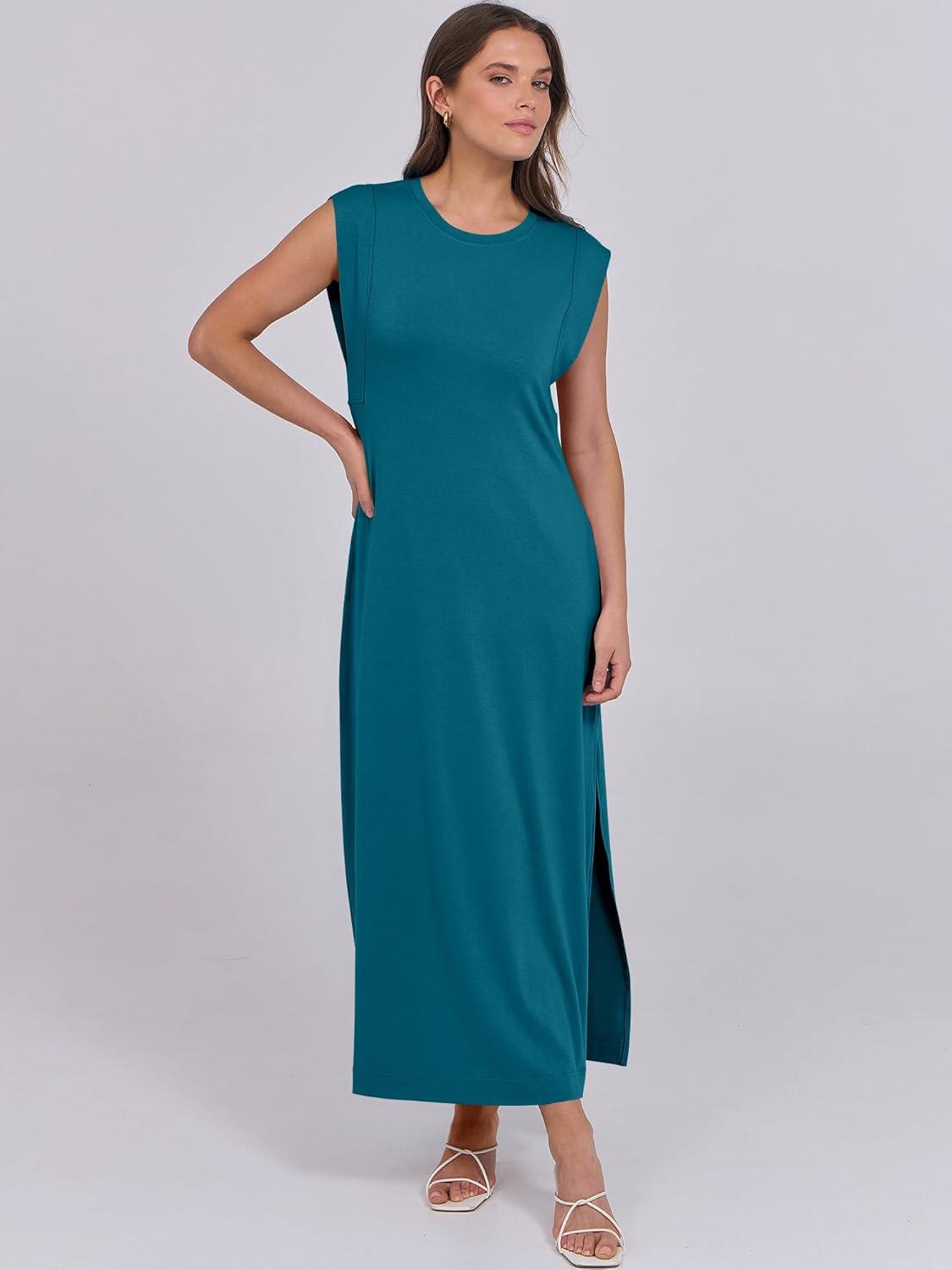imageANRABESS Summer Dress for Women 2025 Maxi Sundresses Casual Cap Sleeve Crew Neck Loose Split Beach Travel Vacation OutfitsLake Green
