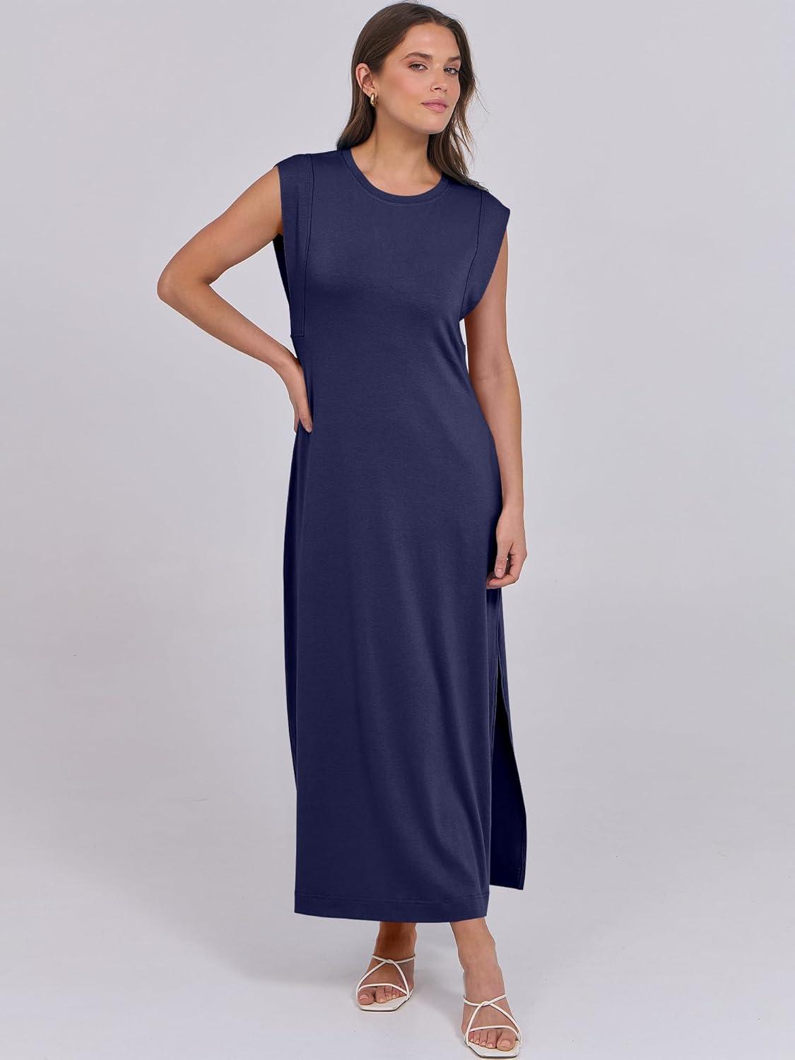 imageANRABESS Summer Dress for Women 2025 Maxi Sundresses Casual Cap Sleeve Crew Neck Loose Split Beach Travel Vacation OutfitsNavy Blue