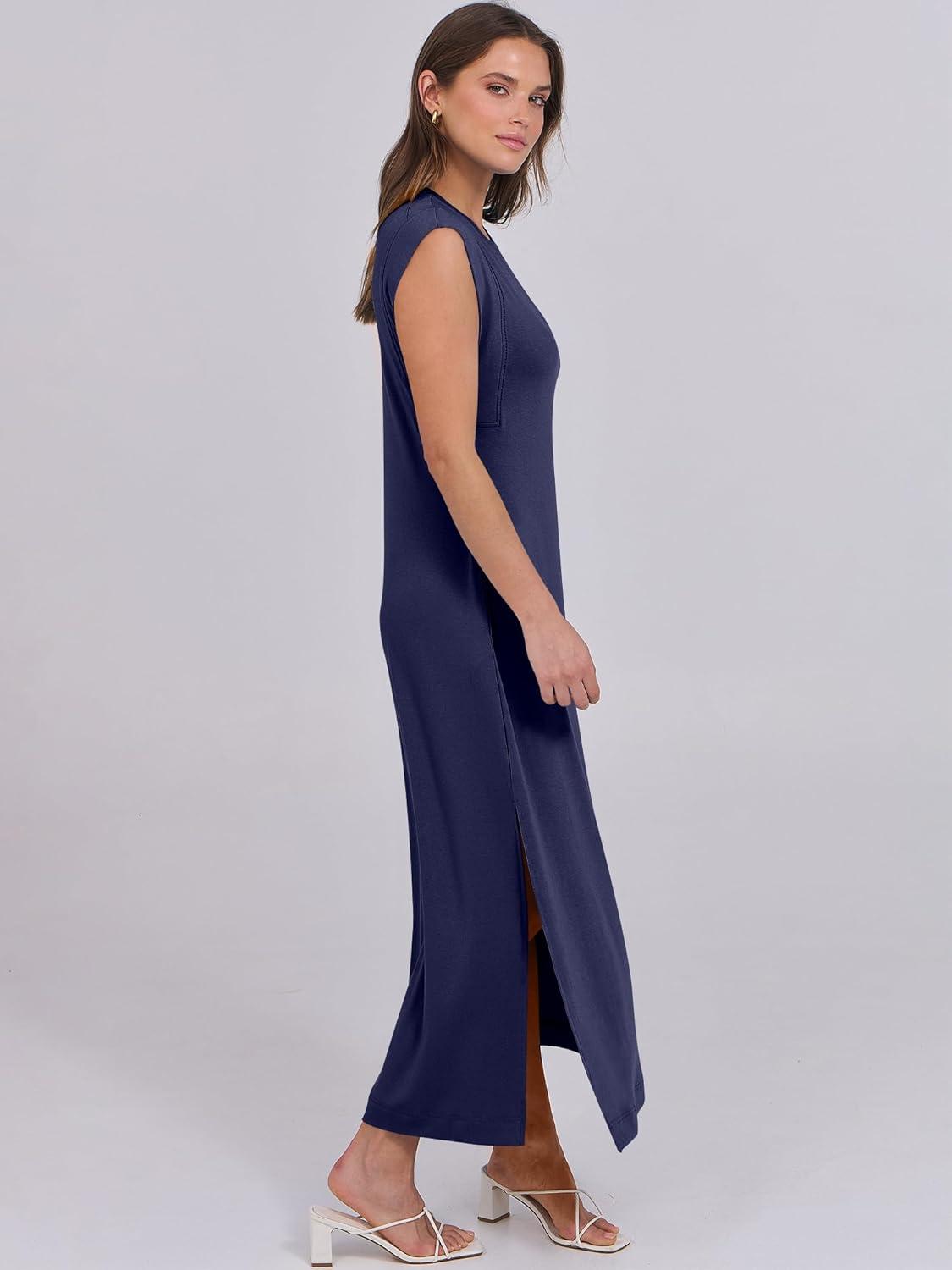 imageANRABESS Summer Dress for Women 2025 Maxi Sundresses Casual Cap Sleeve Crew Neck Loose Split Beach Travel Vacation OutfitsNavy Blue