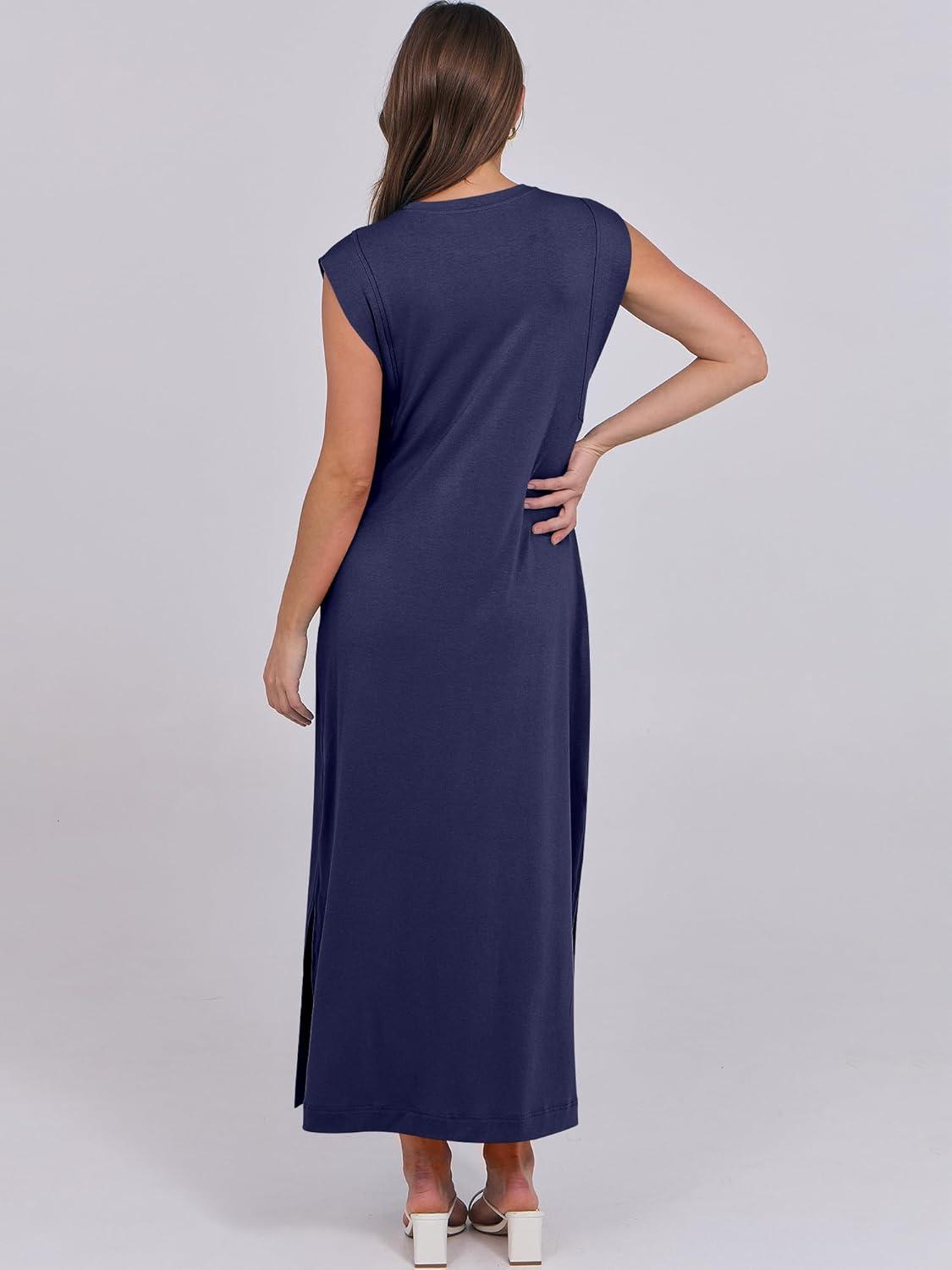 imageANRABESS Summer Dress for Women 2025 Maxi Sundresses Casual Cap Sleeve Crew Neck Loose Split Beach Travel Vacation OutfitsNavy Blue