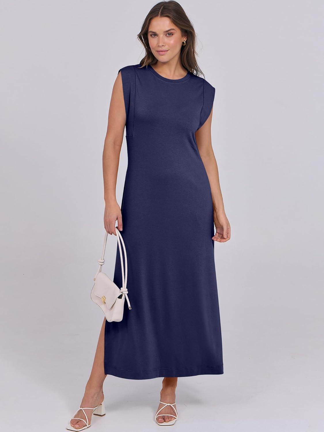 imageANRABESS Summer Dress for Women 2025 Maxi Sundresses Casual Cap Sleeve Crew Neck Loose Split Beach Travel Vacation OutfitsNavy Blue