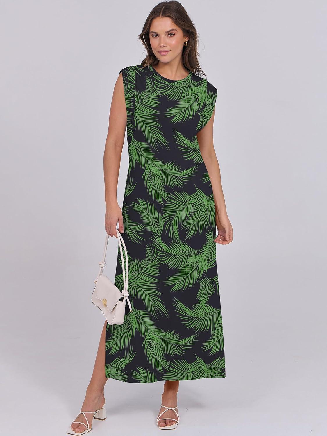 imageANRABESS Summer Dress for Women 2025 Maxi Sundresses Casual Cap Sleeve Crew Neck Loose Split Beach Travel Vacation OutfitsNavy Green Leaves