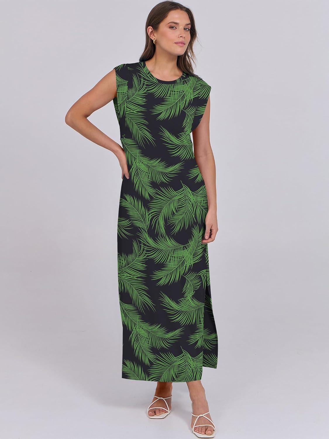 imageANRABESS Summer Dress for Women 2025 Maxi Sundresses Casual Cap Sleeve Crew Neck Loose Split Beach Travel Vacation OutfitsNavy Green Leaves