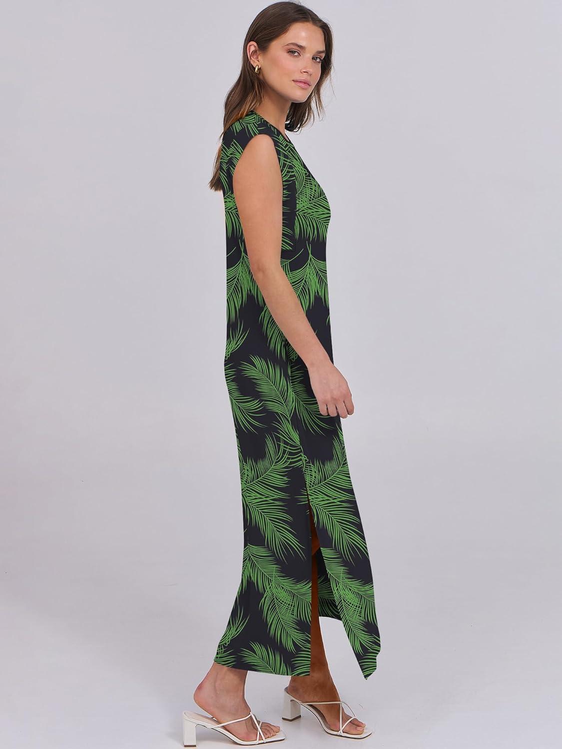 imageANRABESS Summer Dress for Women 2025 Maxi Sundresses Casual Cap Sleeve Crew Neck Loose Split Beach Travel Vacation OutfitsNavy Green Leaves