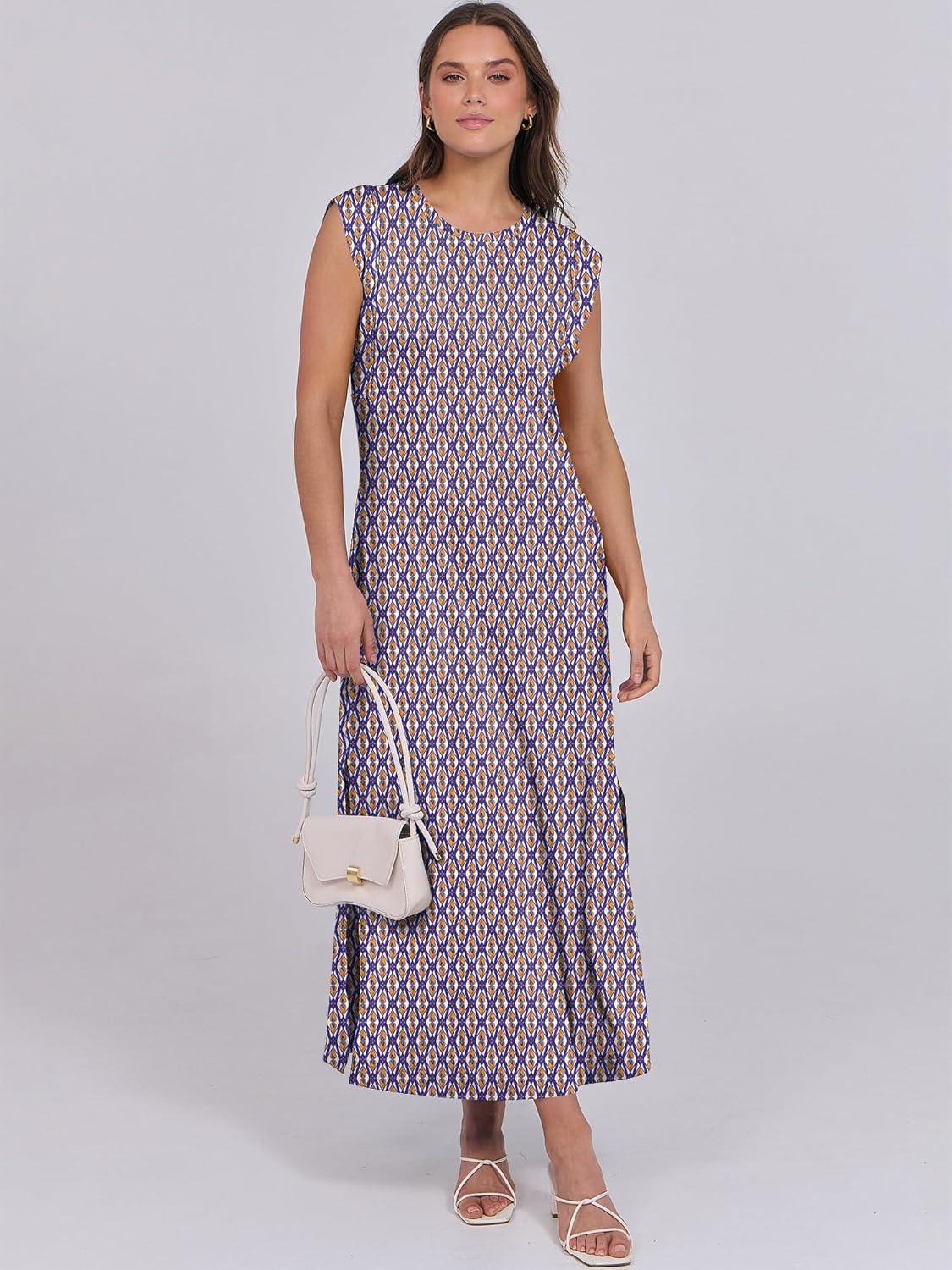 imageANRABESS Summer Dress for Women 2025 Maxi Sundresses Casual Cap Sleeve Crew Neck Loose Split Beach Travel Vacation OutfitsOrange Rhombus