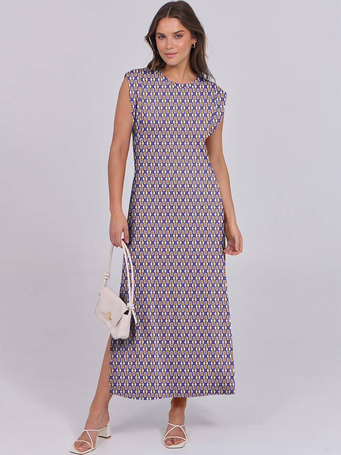 imageANRABESS Summer Dress for Women 2025 Maxi Sundresses Casual Cap Sleeve Crew Neck Loose Split Beach Travel Vacation OutfitsOrange Rhombus