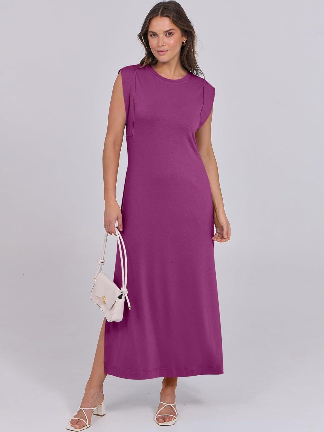 imageANRABESS Summer Dress for Women 2025 Maxi Sundresses Casual Cap Sleeve Crew Neck Loose Split Beach Travel Vacation OutfitsPurple Red