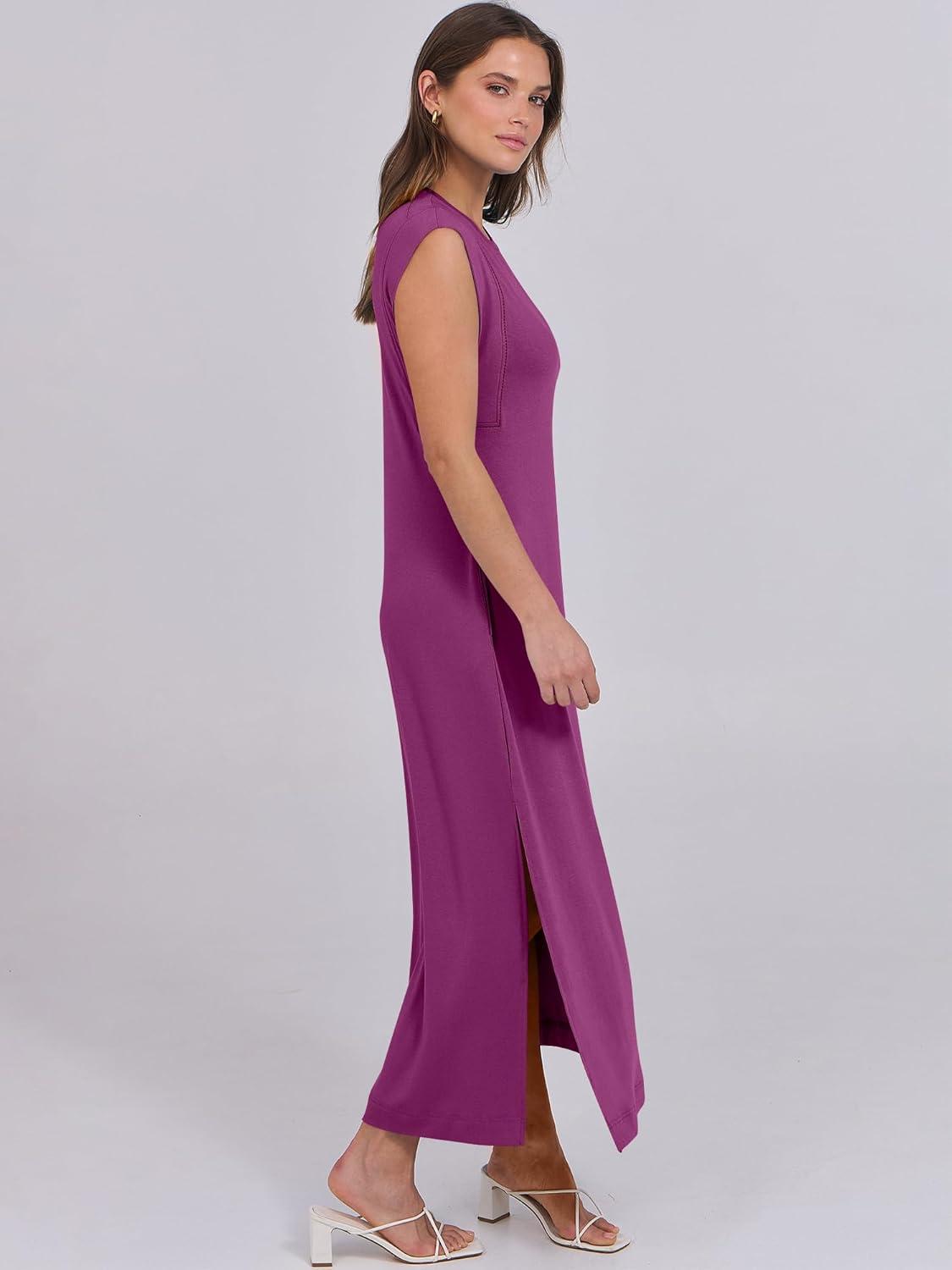 imageANRABESS Summer Dress for Women 2025 Maxi Sundresses Casual Cap Sleeve Crew Neck Loose Split Beach Travel Vacation OutfitsPurple Red