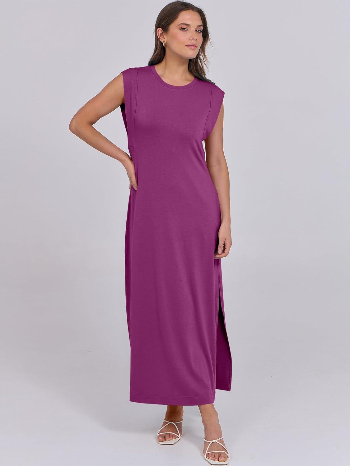imageANRABESS Summer Dress for Women 2025 Maxi Sundresses Casual Cap Sleeve Crew Neck Loose Split Beach Travel Vacation OutfitsPurple Red