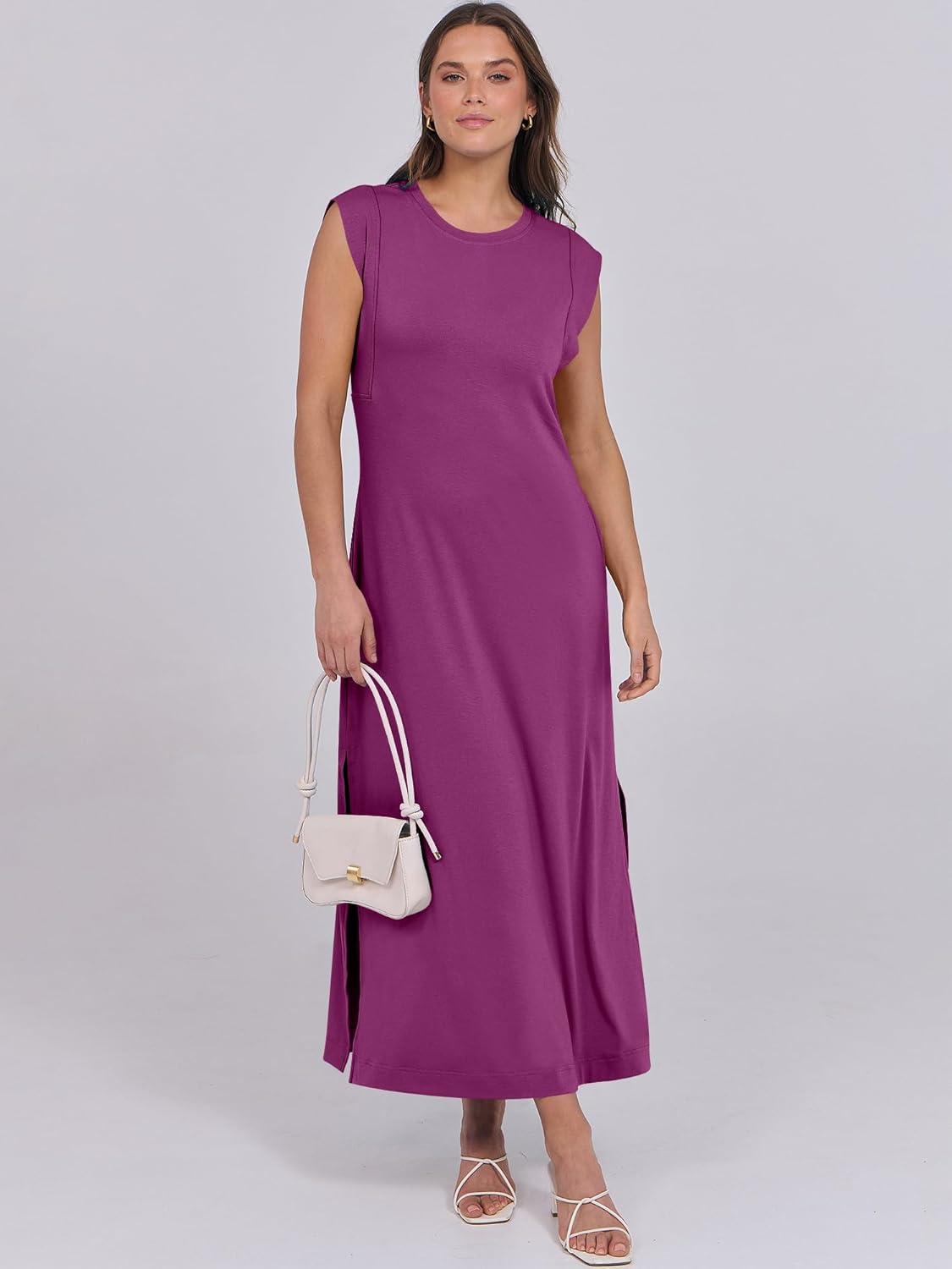 imageANRABESS Summer Dress for Women 2025 Maxi Sundresses Casual Cap Sleeve Crew Neck Loose Split Beach Travel Vacation OutfitsPurple Red