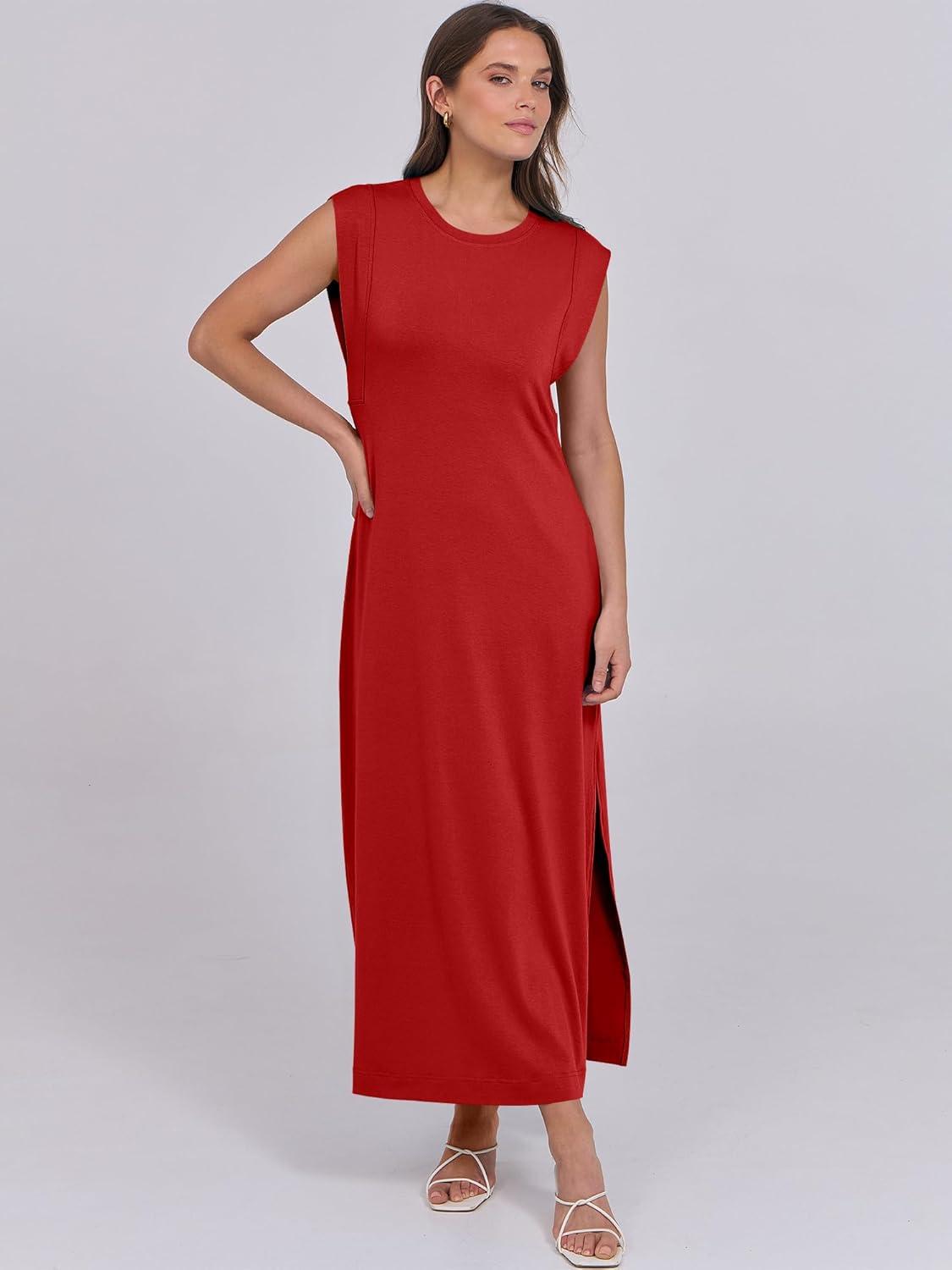 imageANRABESS Summer Dress for Women 2025 Maxi Sundresses Casual Cap Sleeve Crew Neck Loose Split Beach Travel Vacation OutfitsRed
