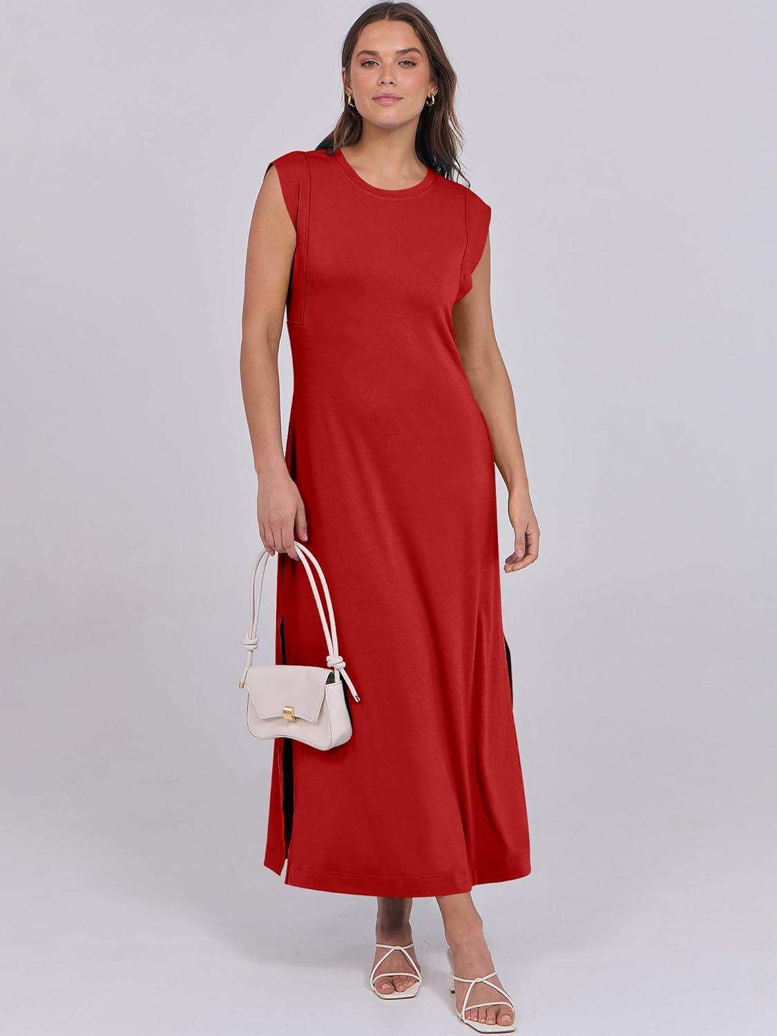 imageANRABESS Summer Dress for Women 2025 Maxi Sundresses Casual Cap Sleeve Crew Neck Loose Split Beach Travel Vacation OutfitsRed