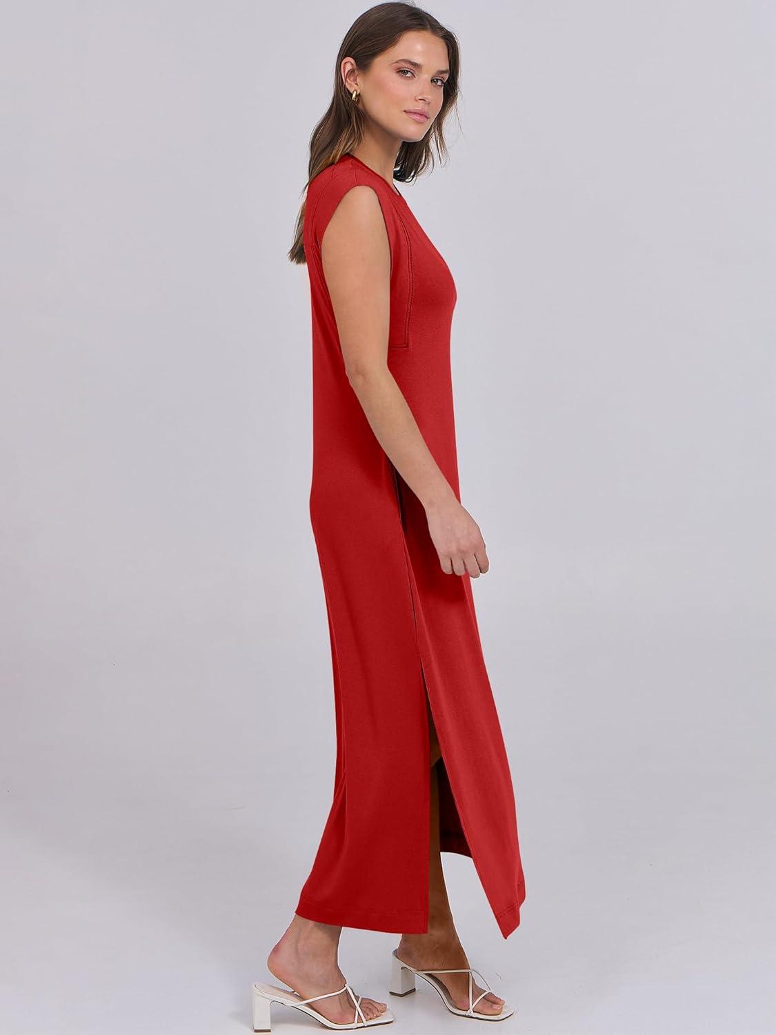 imageANRABESS Summer Dress for Women 2025 Maxi Sundresses Casual Cap Sleeve Crew Neck Loose Split Beach Travel Vacation OutfitsRed