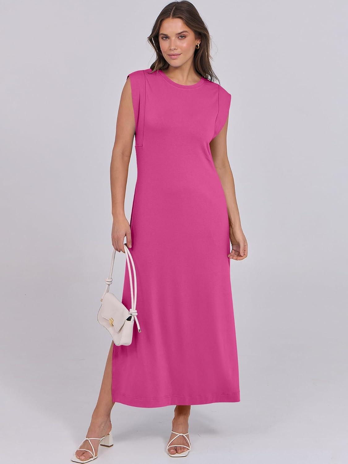 imageANRABESS Summer Dress for Women 2025 Maxi Sundresses Casual Cap Sleeve Crew Neck Loose Split Beach Travel Vacation OutfitsRose