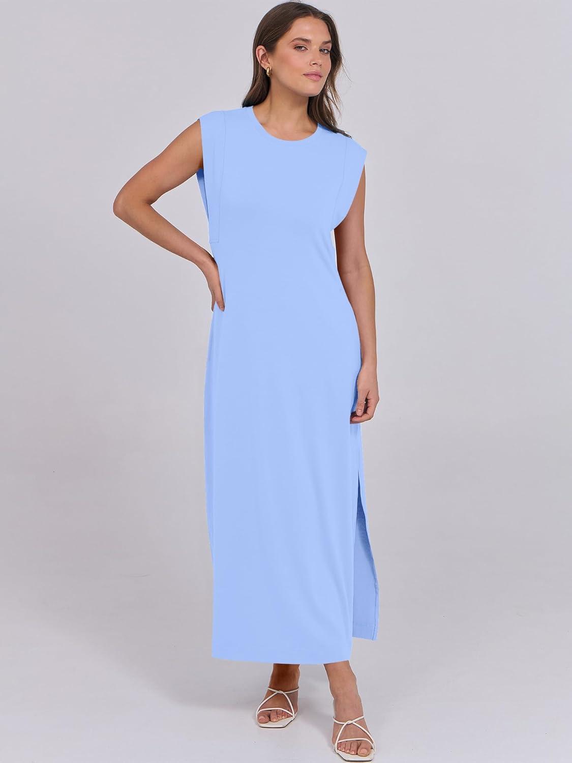 imageANRABESS Summer Dress for Women 2025 Maxi Sundresses Casual Cap Sleeve Crew Neck Loose Split Beach Travel Vacation OutfitsSky Blue