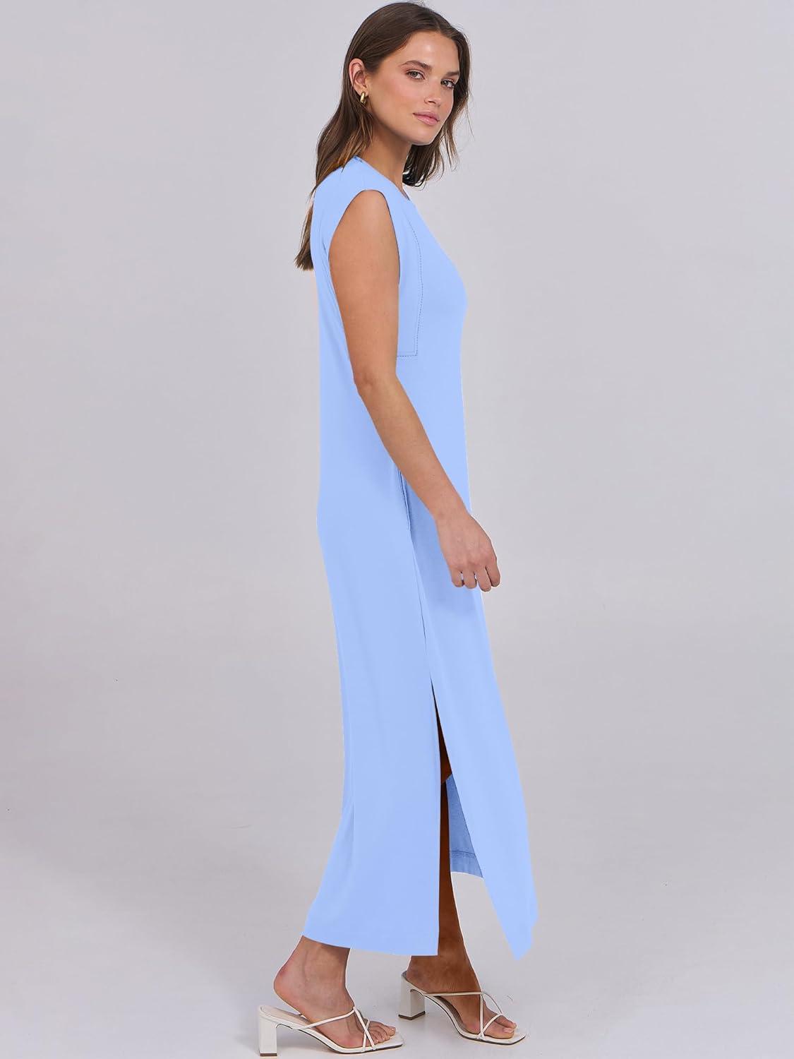 imageANRABESS Summer Dress for Women 2025 Maxi Sundresses Casual Cap Sleeve Crew Neck Loose Split Beach Travel Vacation OutfitsSky Blue