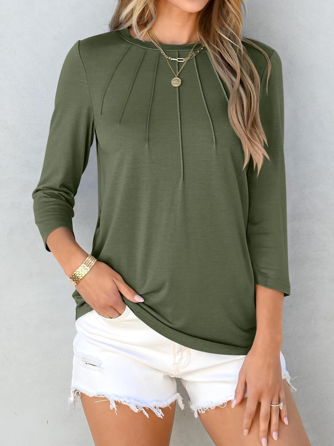 imageANRABESS Women Dressy Casual Blouse 34 Sleeve Shirts Pleated Round Neck Business Work Tunic Tops Spring Summer TeesArmy Green