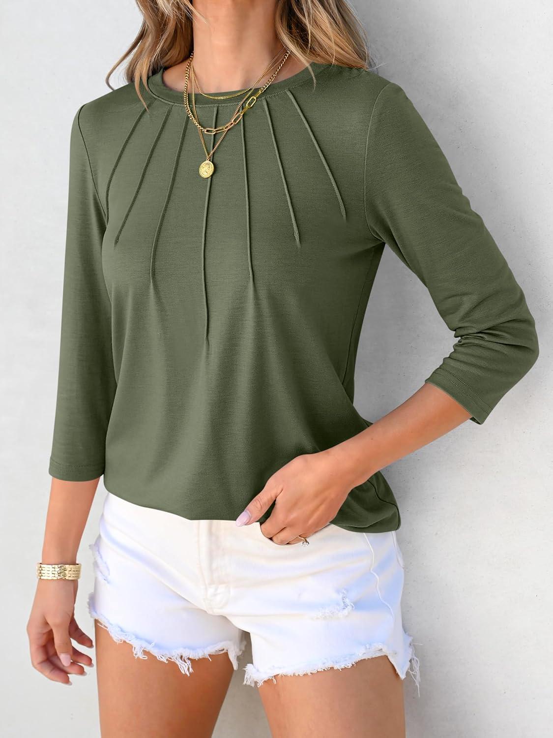 imageANRABESS Women Dressy Casual Blouse 34 Sleeve Shirts Pleated Round Neck Business Work Tunic Tops Spring Summer TeesArmy Green