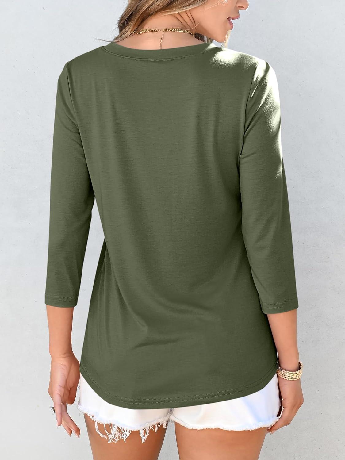 imageANRABESS Women Dressy Casual Blouse 34 Sleeve Shirts Pleated Round Neck Business Work Tunic Tops Spring Summer TeesArmy Green
