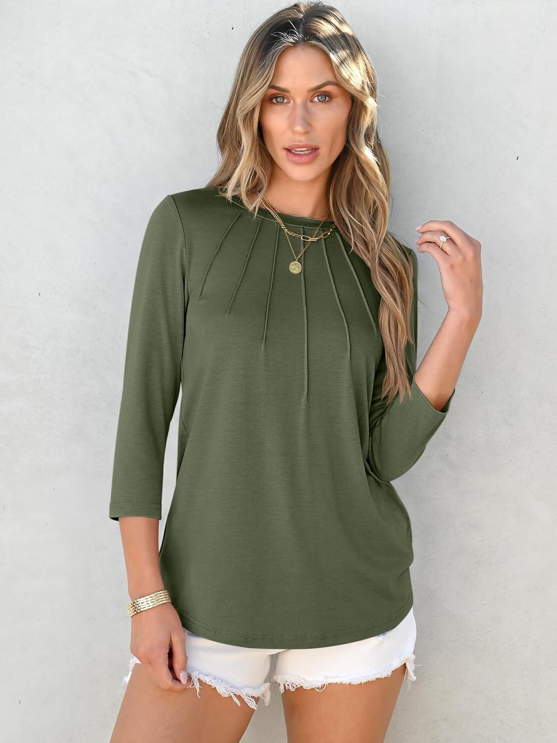 imageANRABESS Women Dressy Casual Blouse 34 Sleeve Shirts Pleated Round Neck Business Work Tunic Tops Spring Summer TeesArmy Green