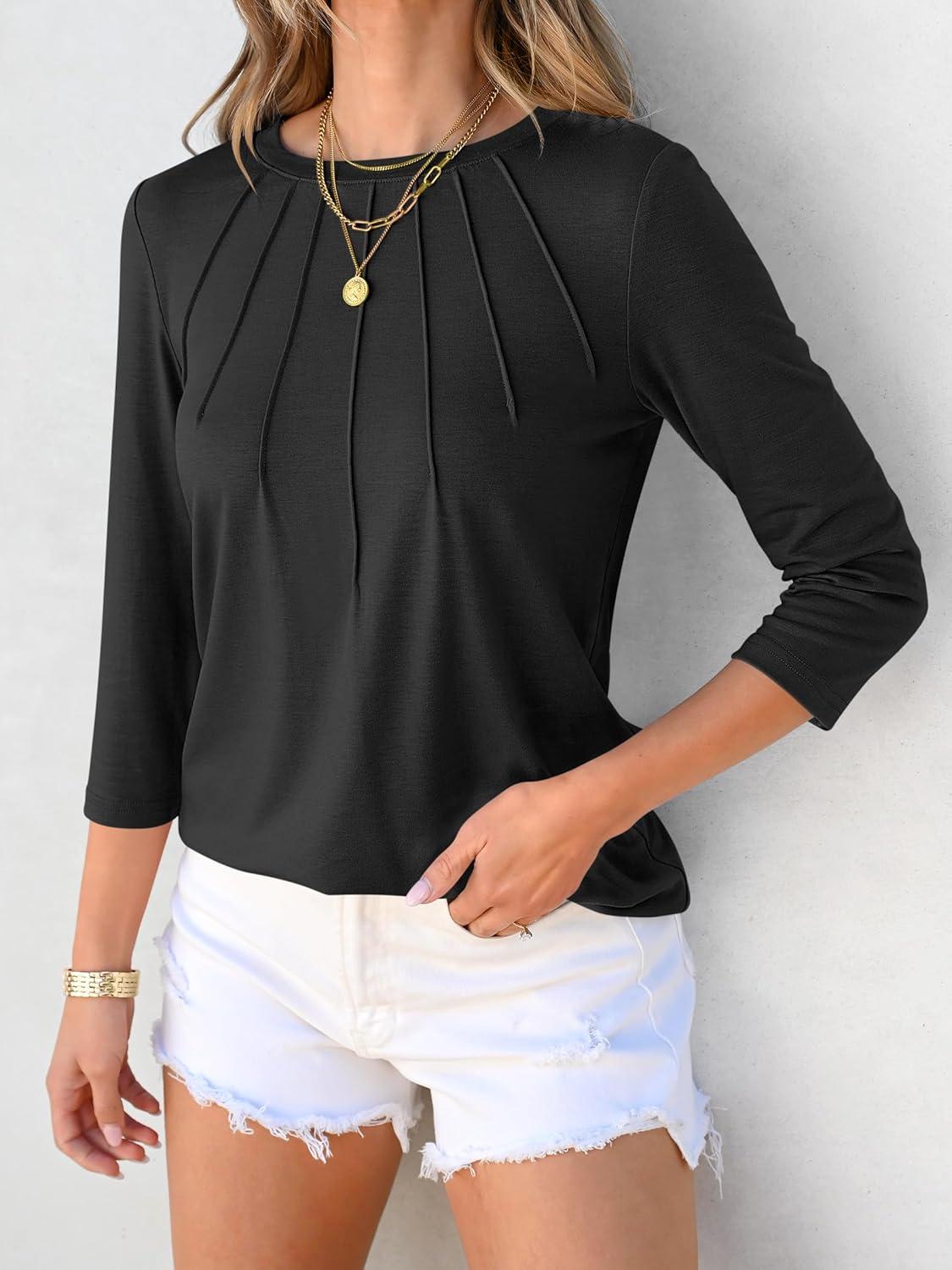 imageANRABESS Women Dressy Casual Blouse 34 Sleeve Shirts Pleated Round Neck Business Work Tunic Tops Spring Summer TeesBlack