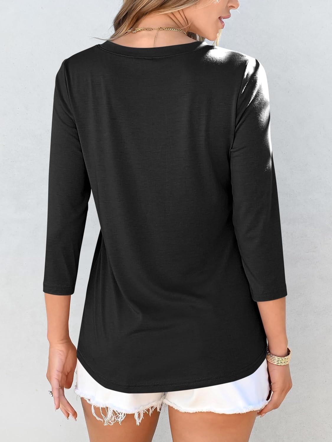 imageANRABESS Women Dressy Casual Blouse 34 Sleeve Shirts Pleated Round Neck Business Work Tunic Tops Spring Summer TeesBlack