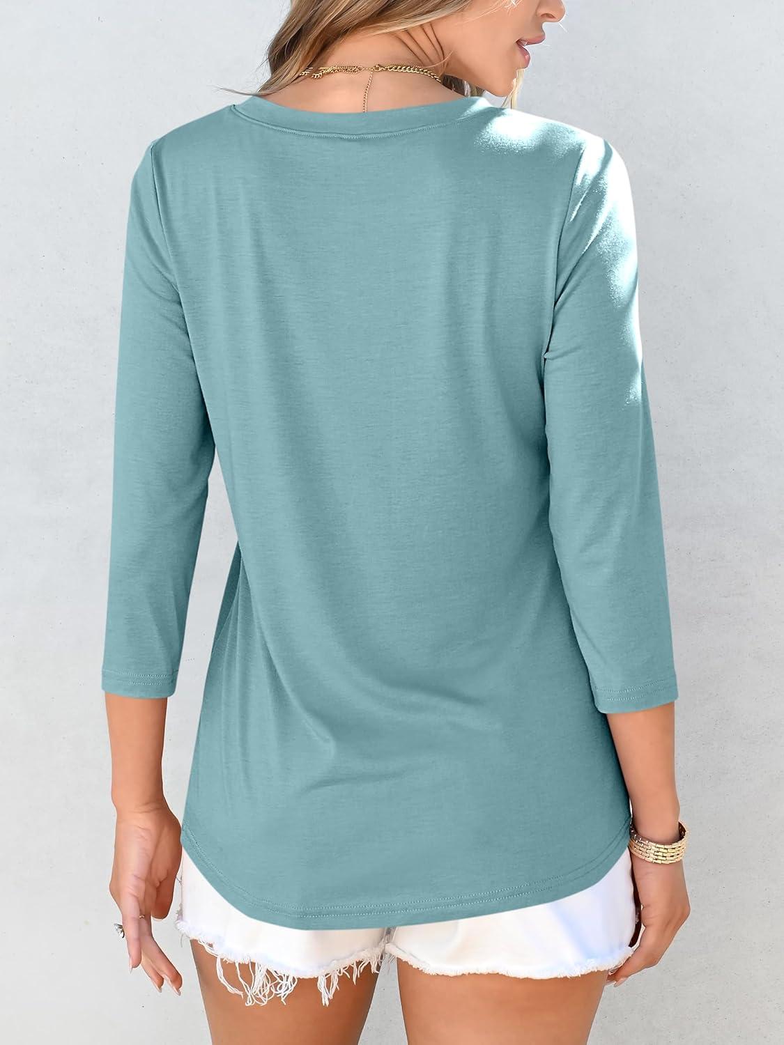 imageANRABESS Women Dressy Casual Blouse 34 Sleeve Shirts Pleated Round Neck Business Work Tunic Tops Spring Summer TeesGray Green