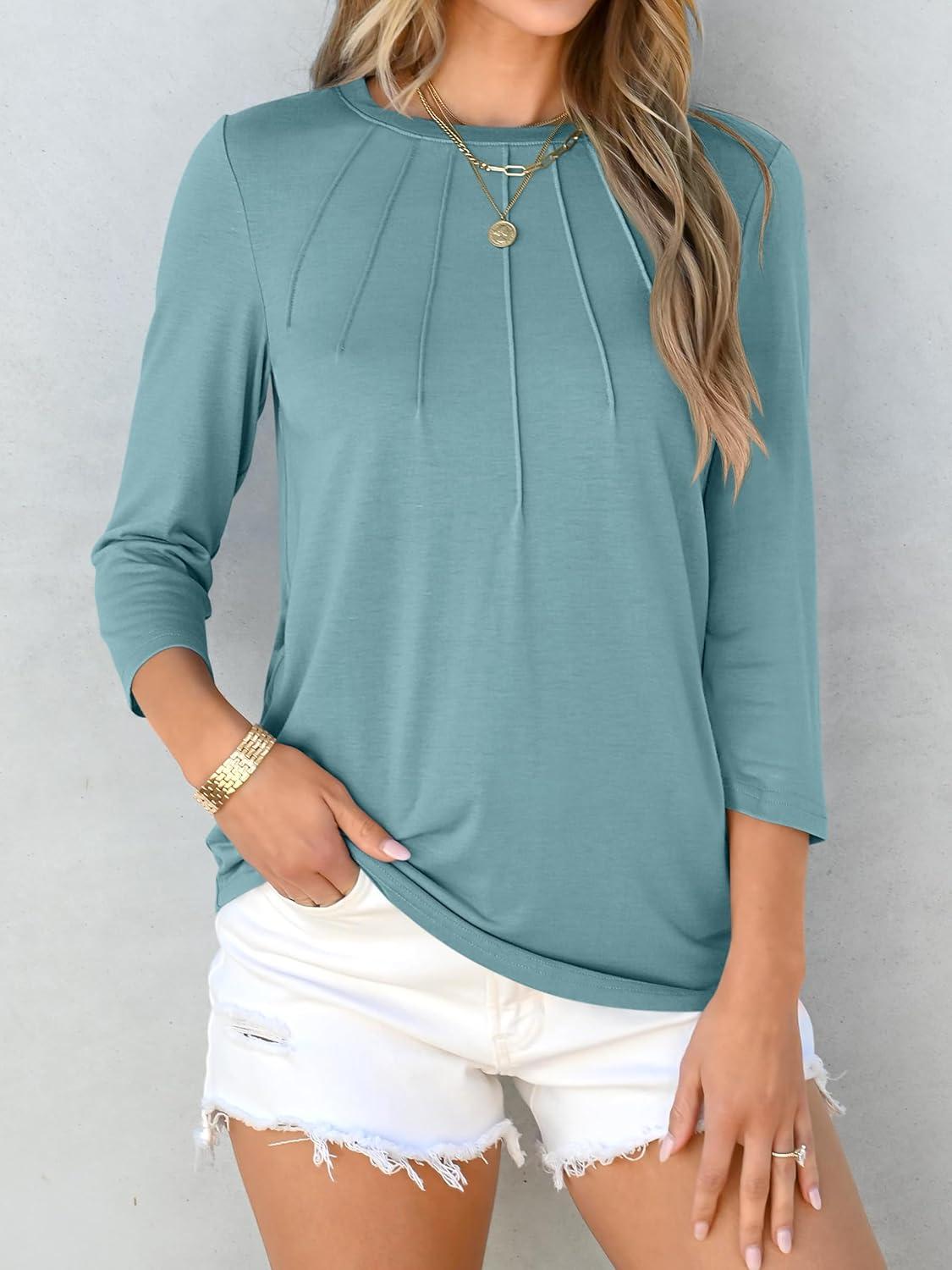 imageANRABESS Women Dressy Casual Blouse 34 Sleeve Shirts Pleated Round Neck Business Work Tunic Tops Spring Summer TeesGray Green