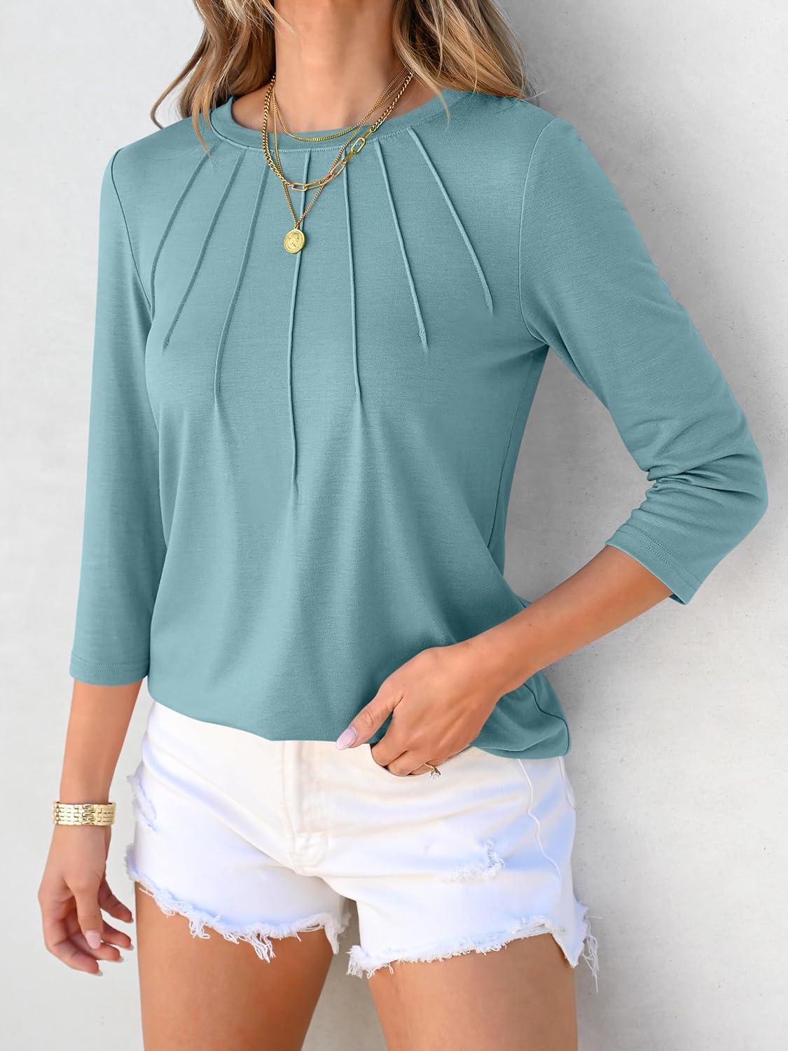 imageANRABESS Women Dressy Casual Blouse 34 Sleeve Shirts Pleated Round Neck Business Work Tunic Tops Spring Summer TeesGray Green