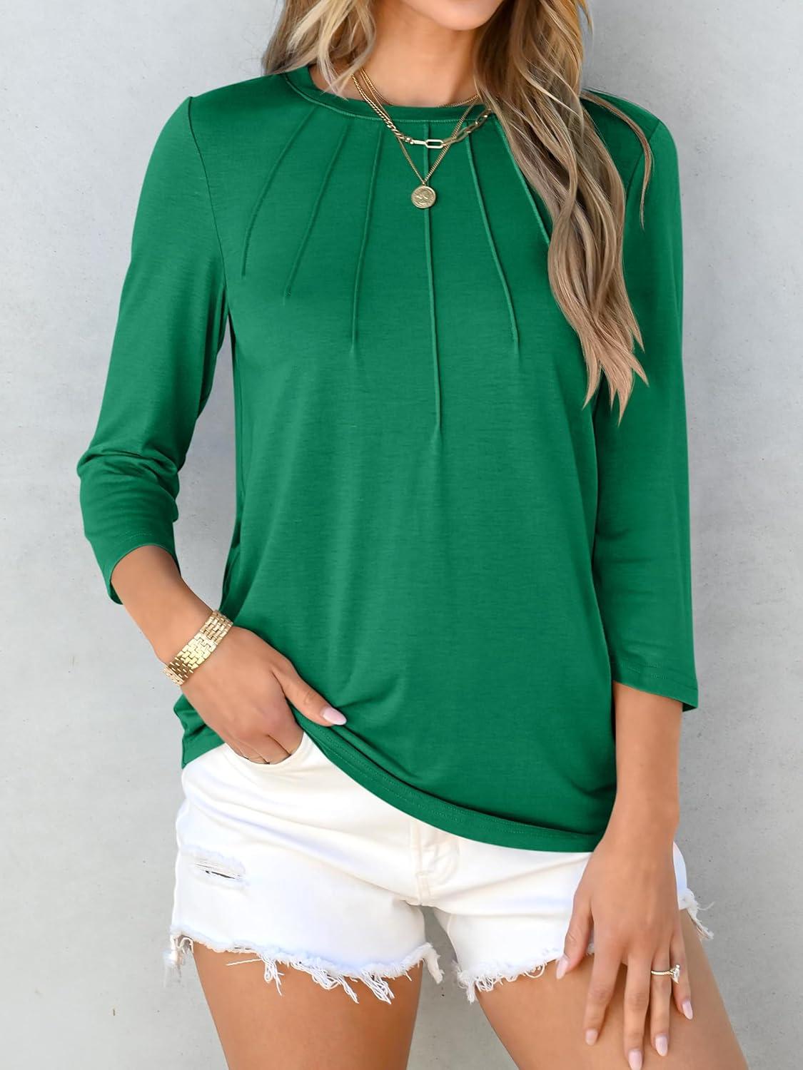 imageANRABESS Women Dressy Casual Blouse 34 Sleeve Shirts Pleated Round Neck Business Work Tunic Tops Spring Summer TeesGreen