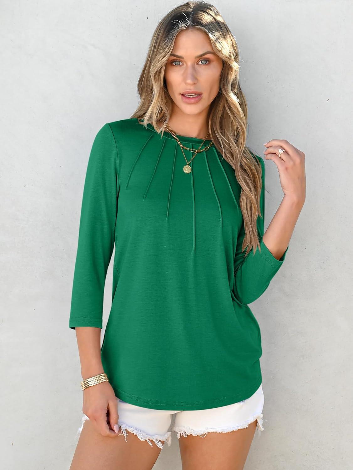 imageANRABESS Women Dressy Casual Blouse 34 Sleeve Shirts Pleated Round Neck Business Work Tunic Tops Spring Summer TeesGreen