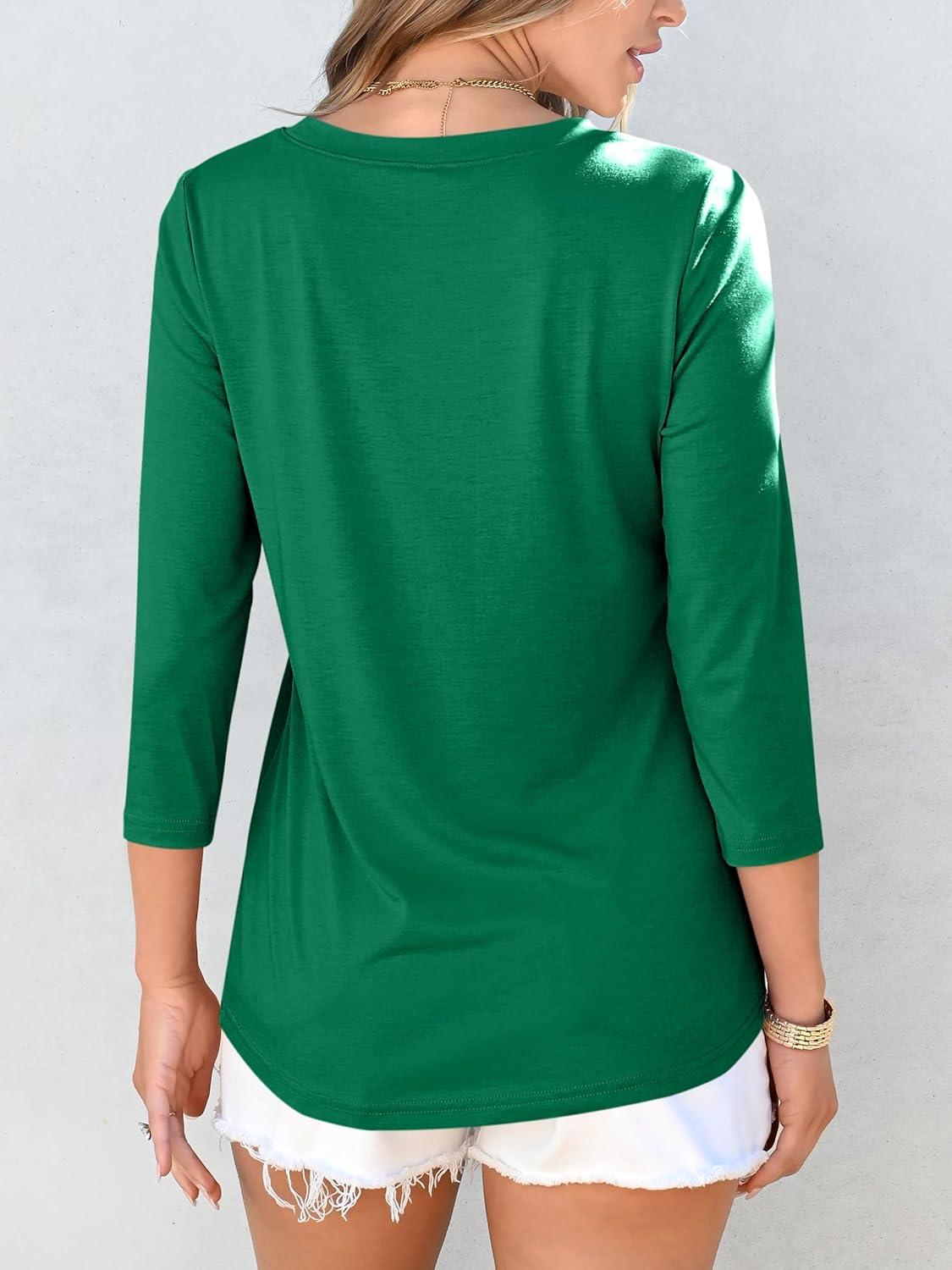 imageANRABESS Women Dressy Casual Blouse 34 Sleeve Shirts Pleated Round Neck Business Work Tunic Tops Spring Summer TeesGreen