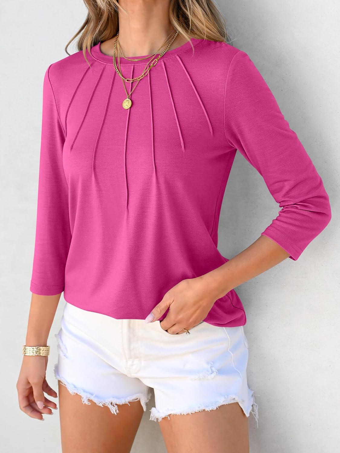 imageANRABESS Women Dressy Casual Blouse 34 Sleeve Shirts Pleated Round Neck Business Work Tunic Tops Spring Summer TeesHot Pink