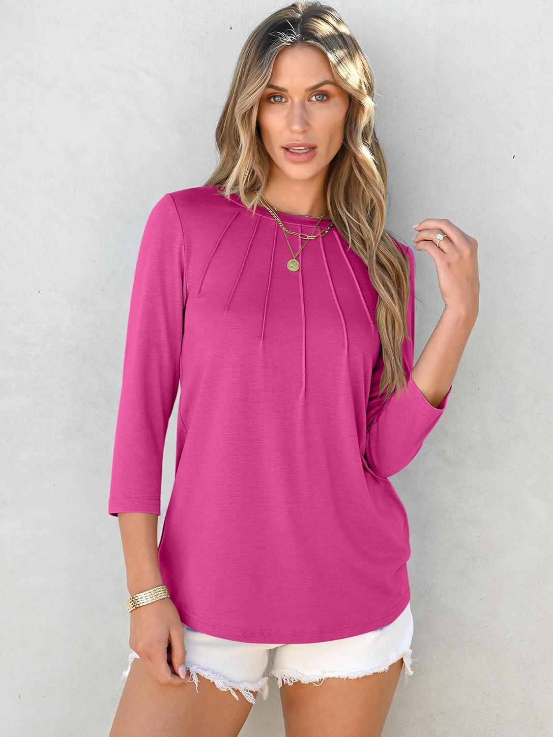 imageANRABESS Women Dressy Casual Blouse 34 Sleeve Shirts Pleated Round Neck Business Work Tunic Tops Spring Summer TeesHot Pink