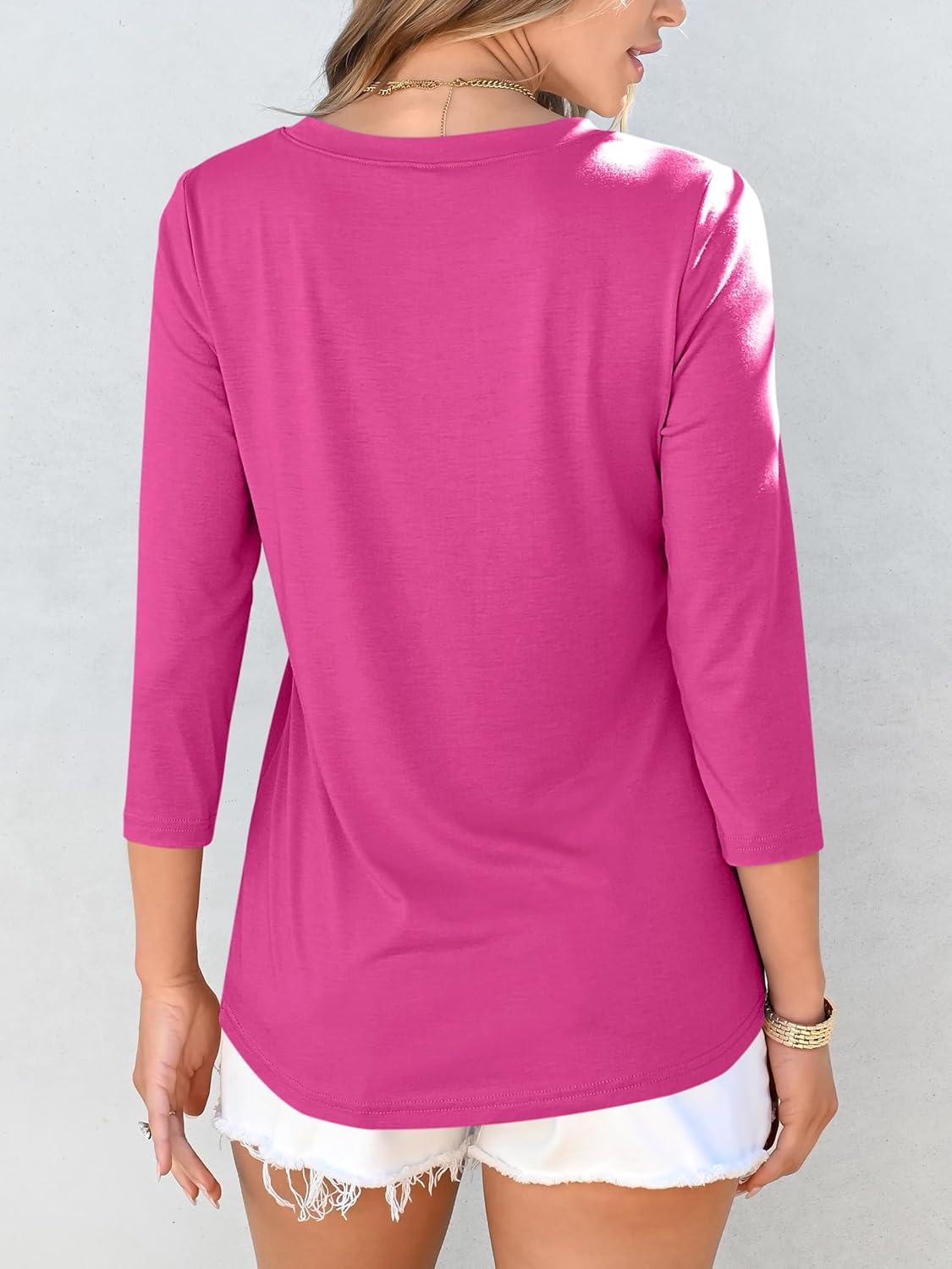 imageANRABESS Women Dressy Casual Blouse 34 Sleeve Shirts Pleated Round Neck Business Work Tunic Tops Spring Summer TeesHot Pink