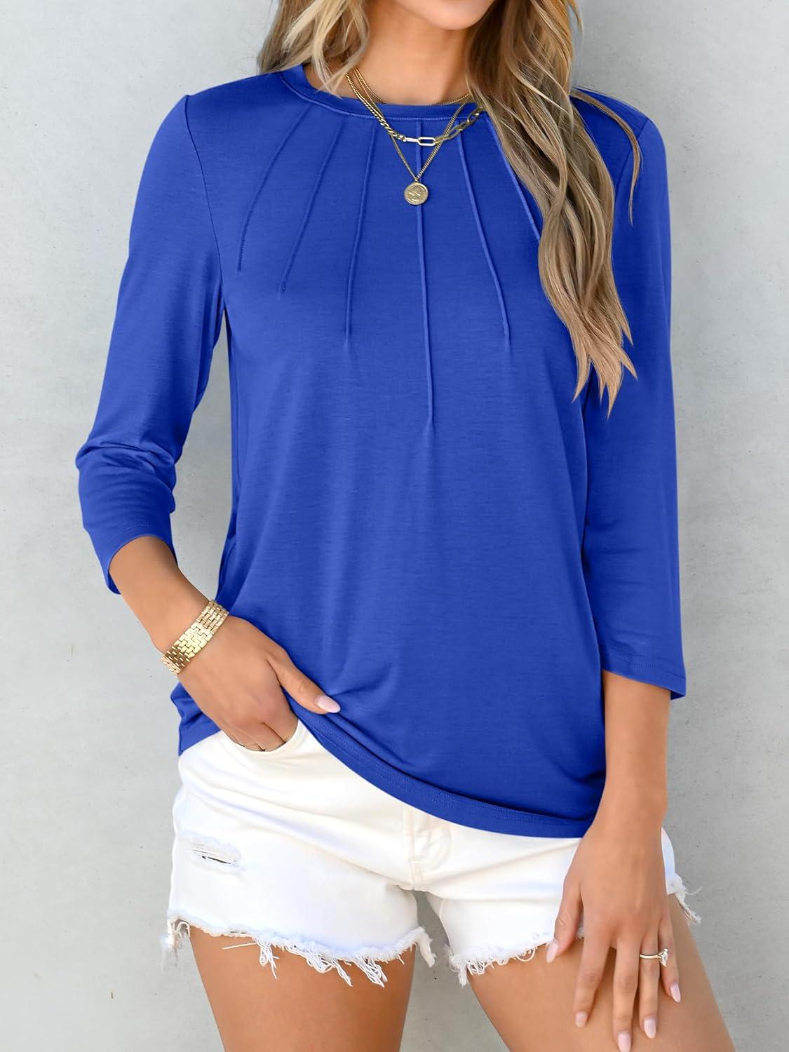 imageANRABESS Women Dressy Casual Blouse 34 Sleeve Shirts Pleated Round Neck Business Work Tunic Tops Spring Summer TeesRoyal Blue