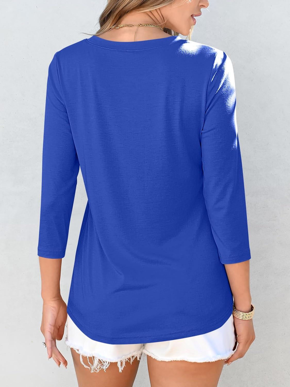 imageANRABESS Women Dressy Casual Blouse 34 Sleeve Shirts Pleated Round Neck Business Work Tunic Tops Spring Summer TeesRoyal Blue