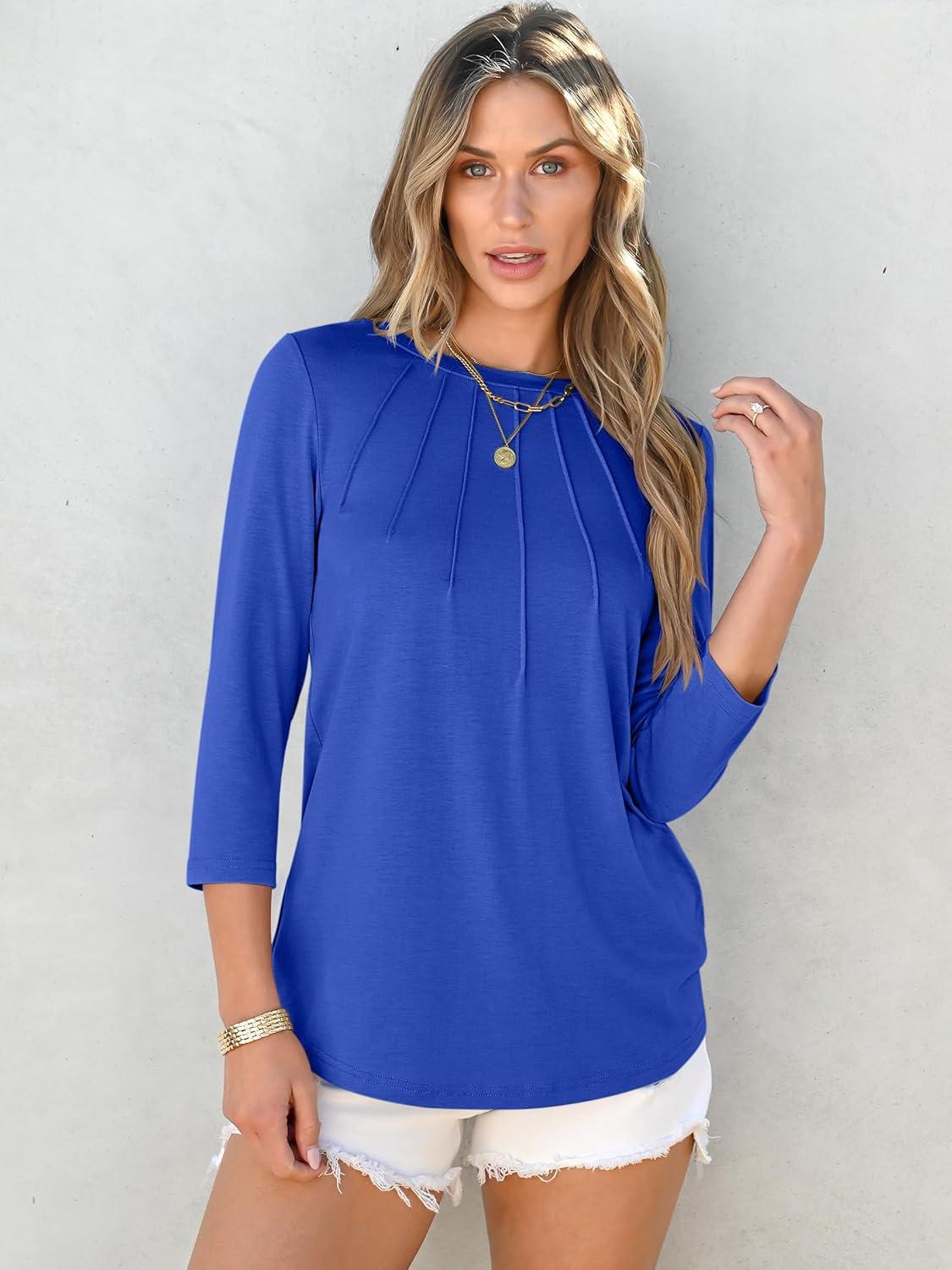 imageANRABESS Women Dressy Casual Blouse 34 Sleeve Shirts Pleated Round Neck Business Work Tunic Tops Spring Summer TeesRoyal Blue