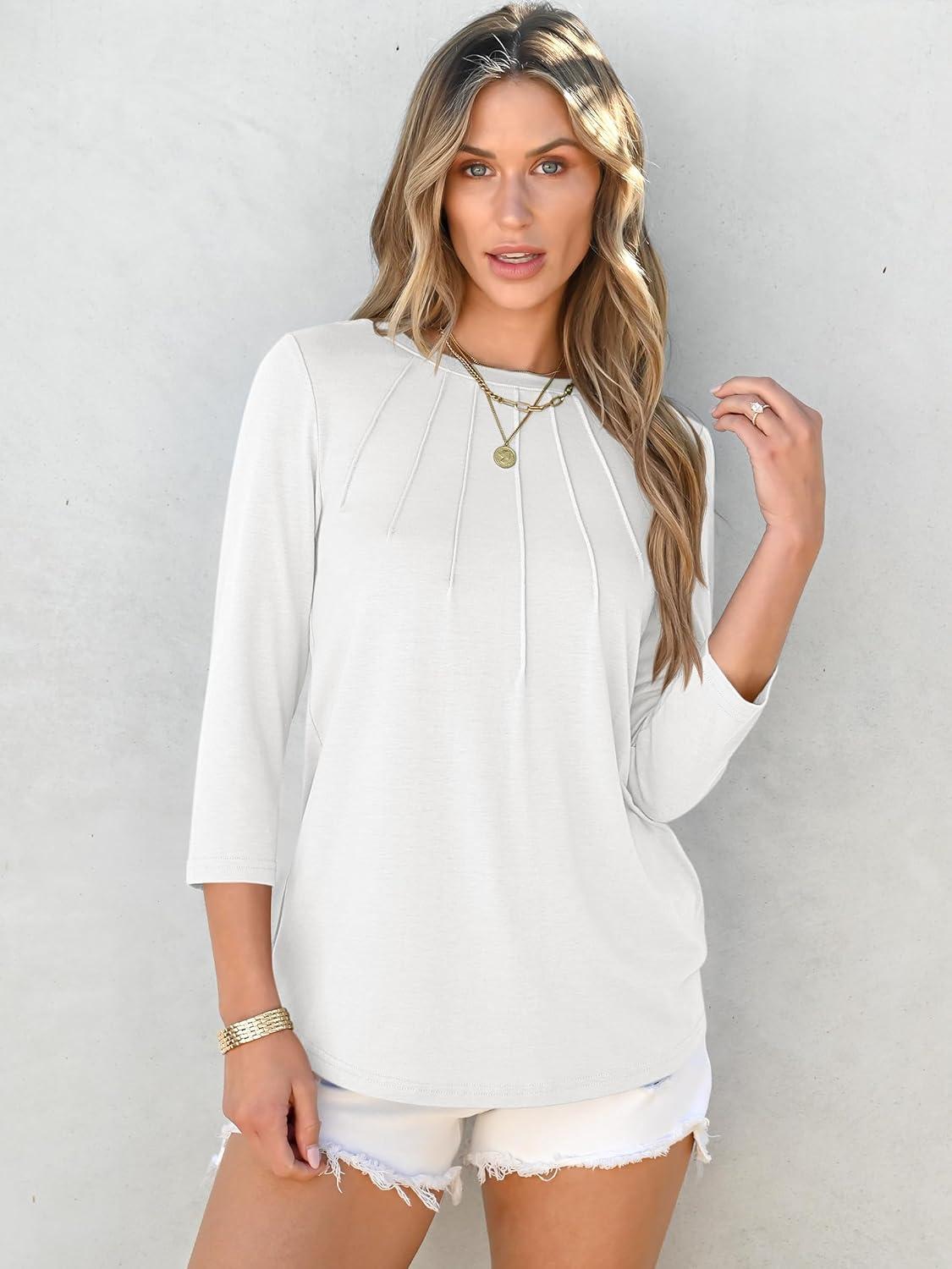 imageANRABESS Women Dressy Casual Blouse 34 Sleeve Shirts Pleated Round Neck Business Work Tunic Tops Spring Summer TeesWhite
