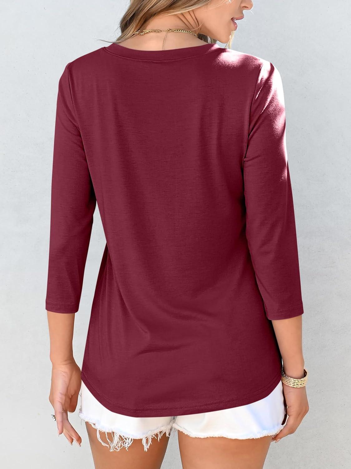 imageANRABESS Women Dressy Casual Blouse 34 Sleeve Shirts Pleated Round Neck Business Work Tunic Tops Spring Summer TeesWine Red