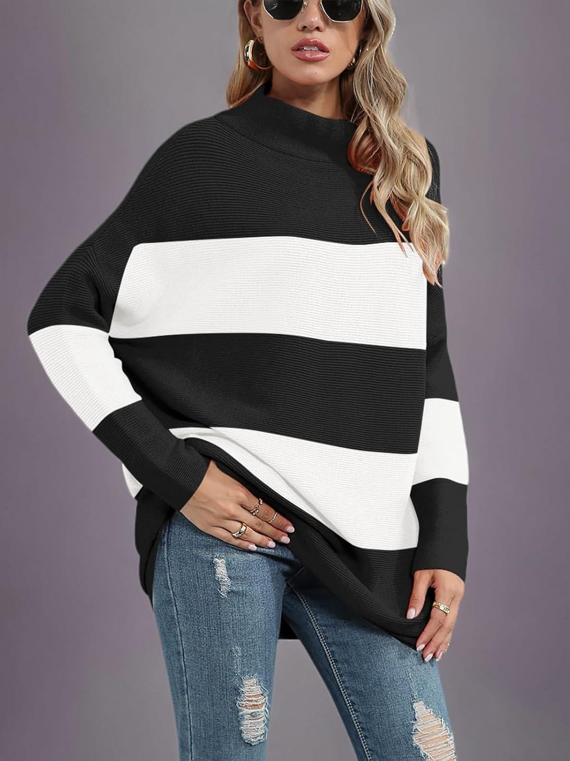 imageANRABESS Women Oversized Casual Loose Turtleneck Long Sleeve Slouchy Baggy Knit Tunic Sweaters Pullover 2025 Fall OutfitsBlack White
