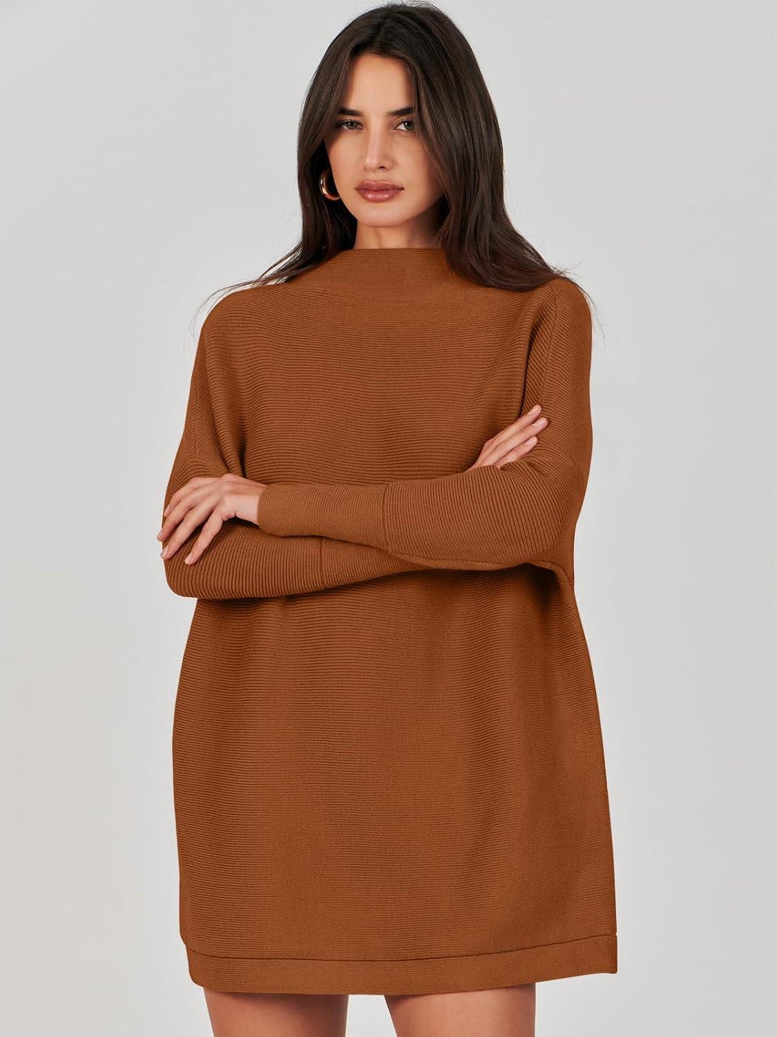 imageANRABESS Women Oversized Casual Loose Turtleneck Long Sleeve Slouchy Baggy Knit Tunic Sweaters Pullover 2025 Fall OutfitsBrown