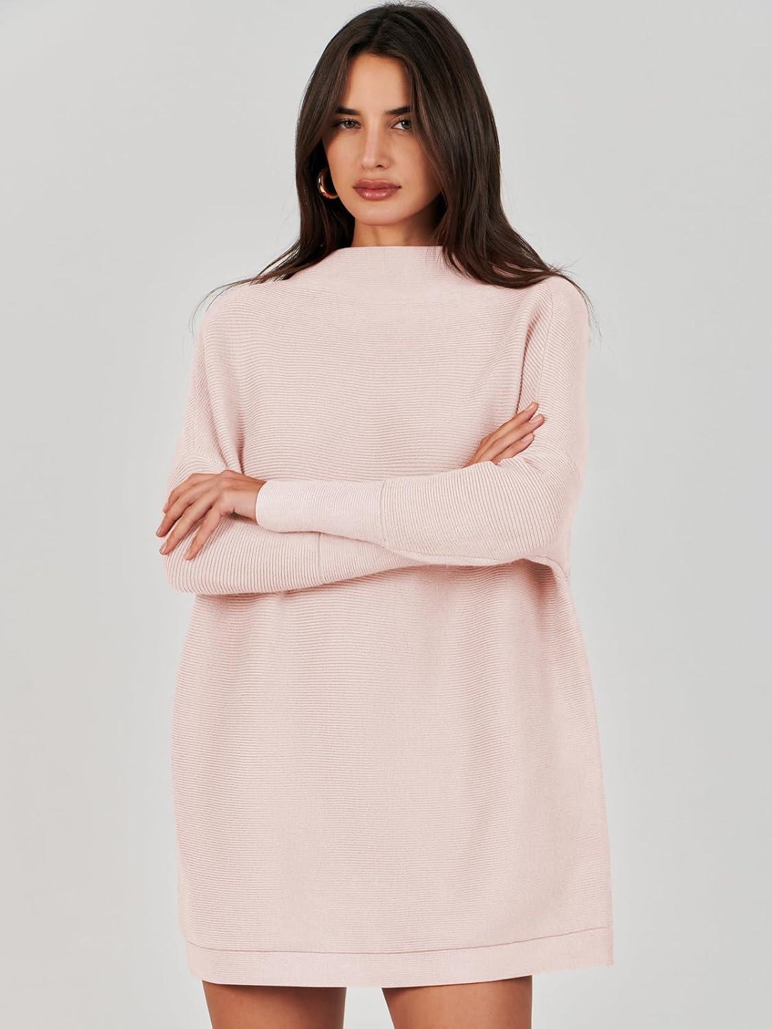 imageANRABESS Women Oversized Casual Loose Turtleneck Long Sleeve Slouchy Baggy Knit Tunic Sweaters Pullover 2025 Fall OutfitsPink
