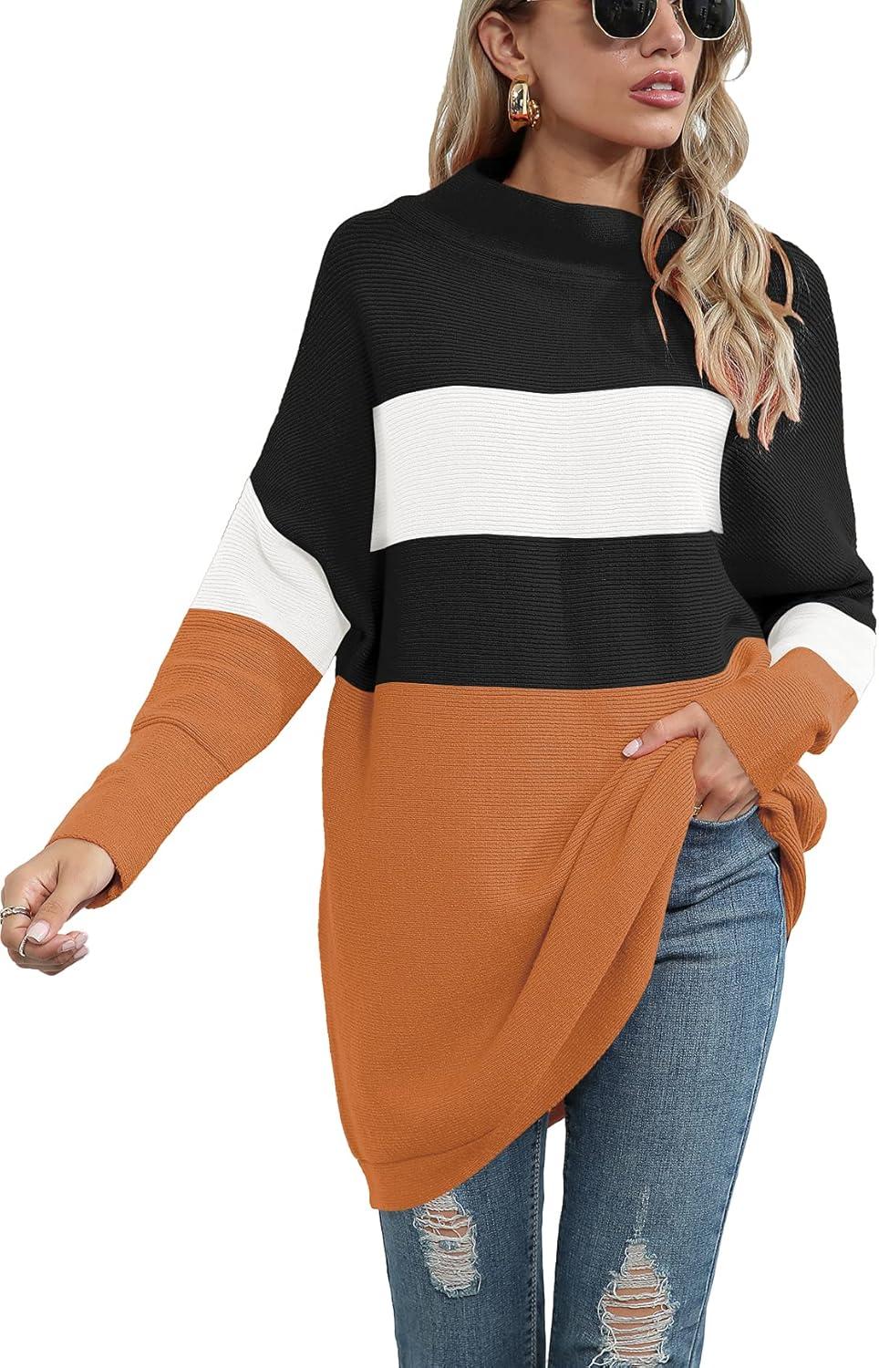 imageANRABESS Women Oversized Casual Loose Turtleneck Long Sleeve Slouchy Baggy Knit Tunic Sweaters Pullover 2025 Fall OutfitsStripe Orange