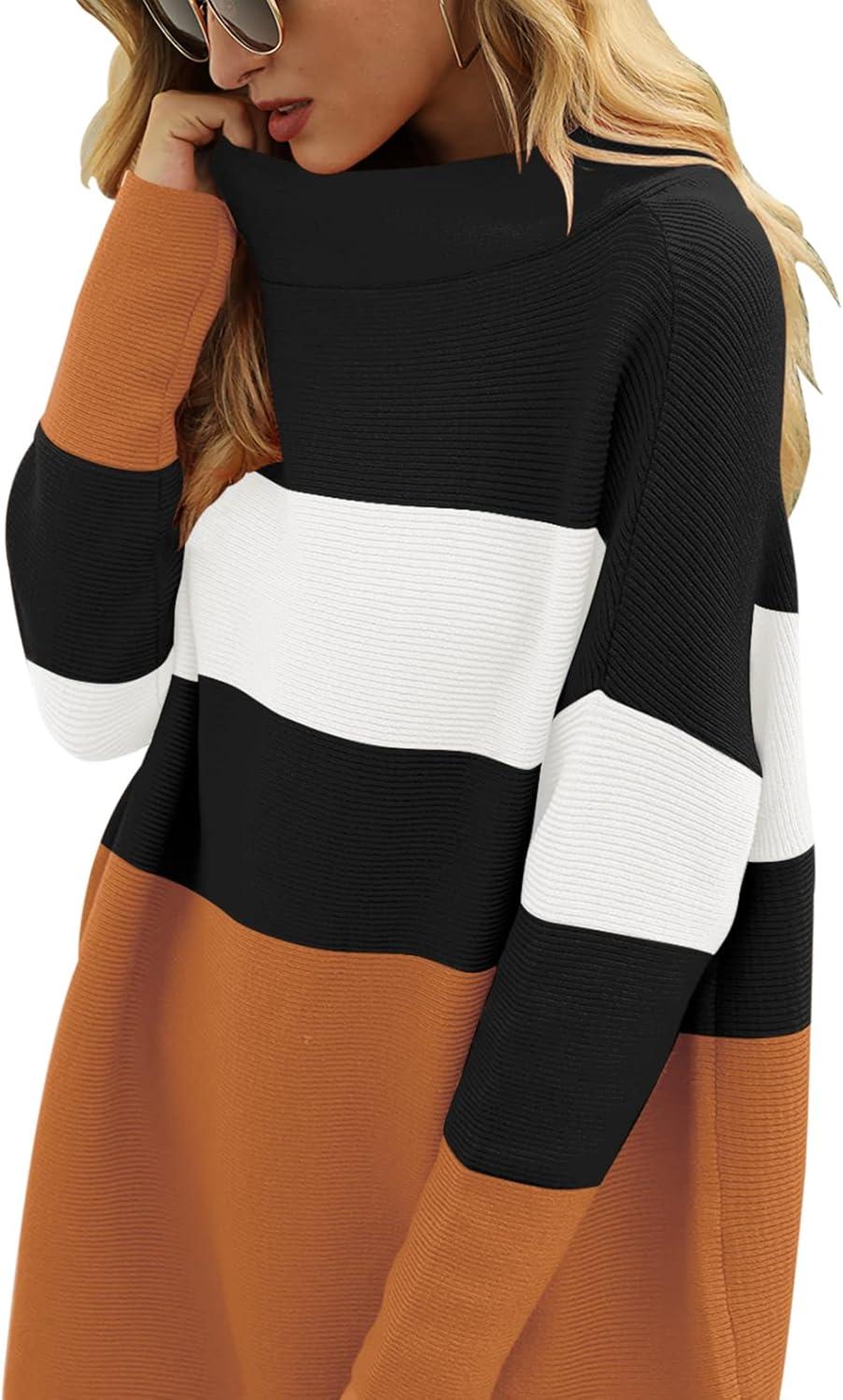 imageANRABESS Women Oversized Casual Loose Turtleneck Long Sleeve Slouchy Baggy Knit Tunic Sweaters Pullover 2025 Fall OutfitsStripe Orange