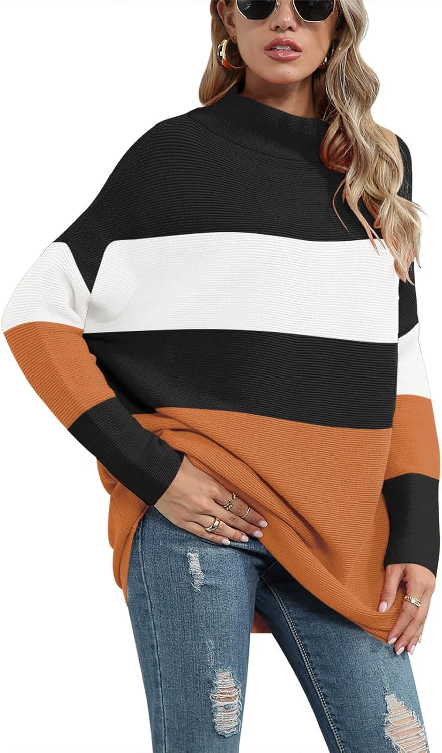 imageANRABESS Women Oversized Casual Loose Turtleneck Long Sleeve Slouchy Baggy Knit Tunic Sweaters Pullover 2025 Fall OutfitsStripe Orange